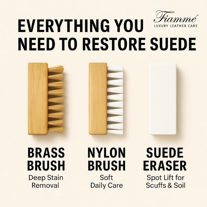 Fiamme Suede and Nubuck Cleaning Kit - Complete Brass & Nylon Brush Set, Suede Eraser for Shoes, Jackets, Boots, Handbags - Image 2